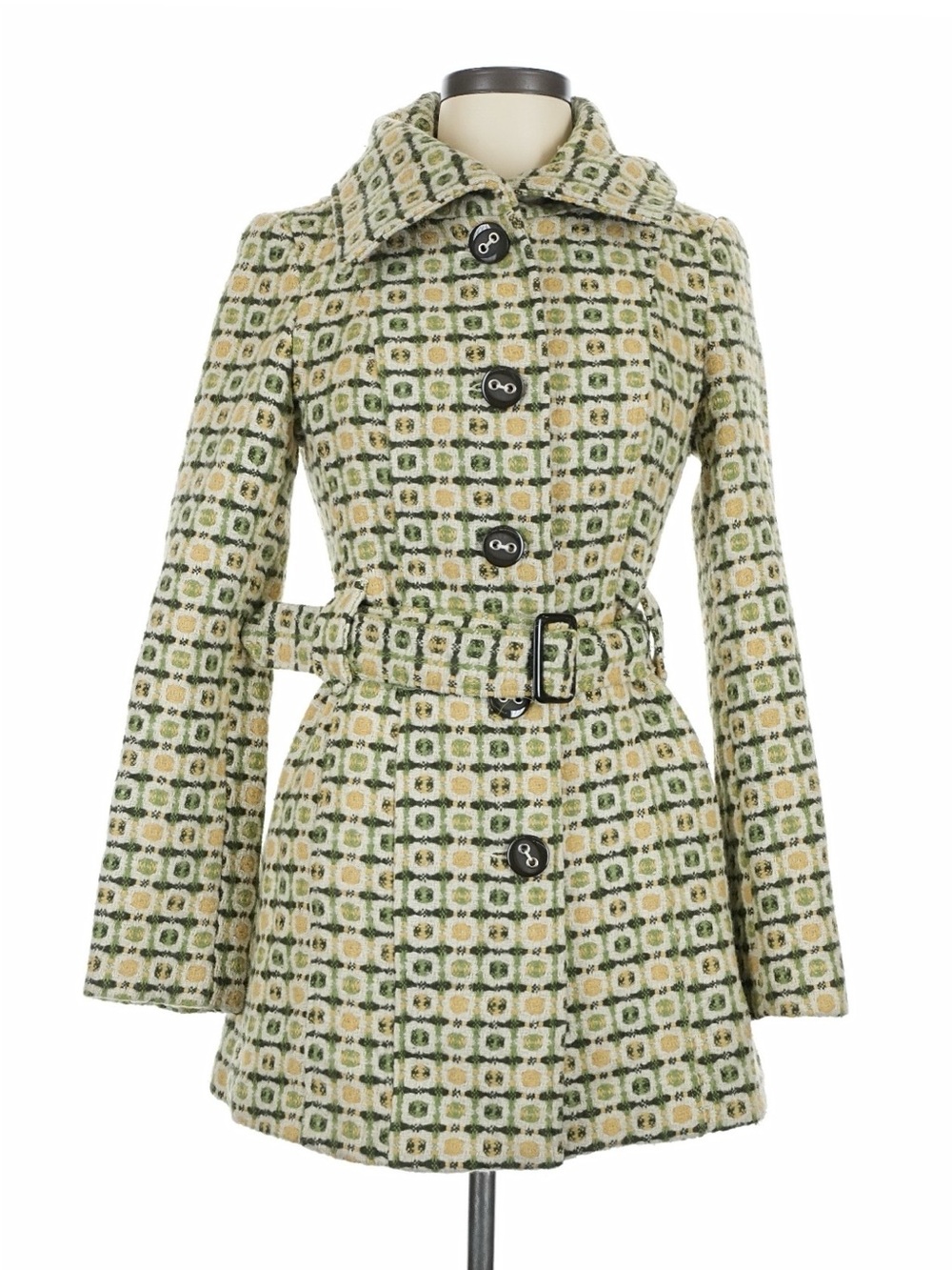 Green, Yellow, and Cream Geometric Pattern Belted Trench Coat Austin Powers Vibe - Picture 6 of 11
